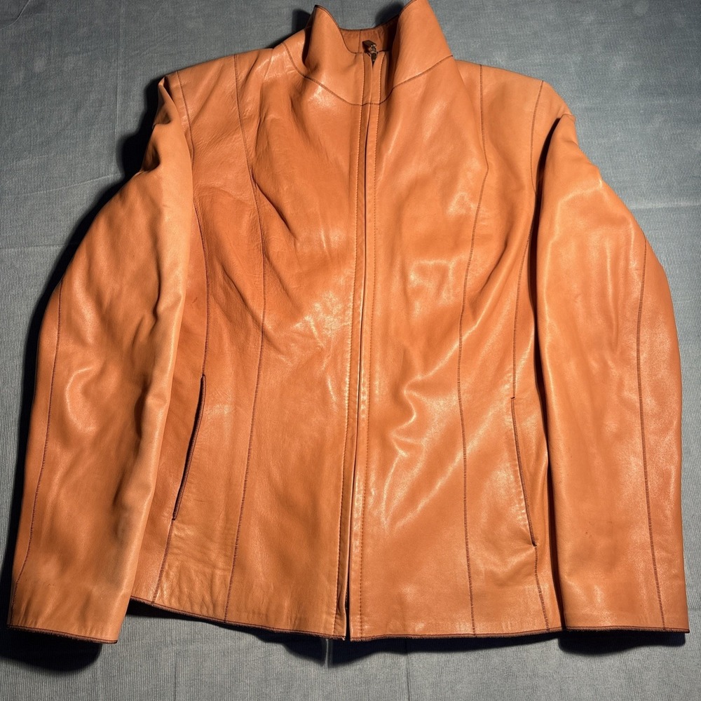 Cole Haan Womens Lambskin Leather Jacket Tan Camel Zip Front Pick Stitch Size 6